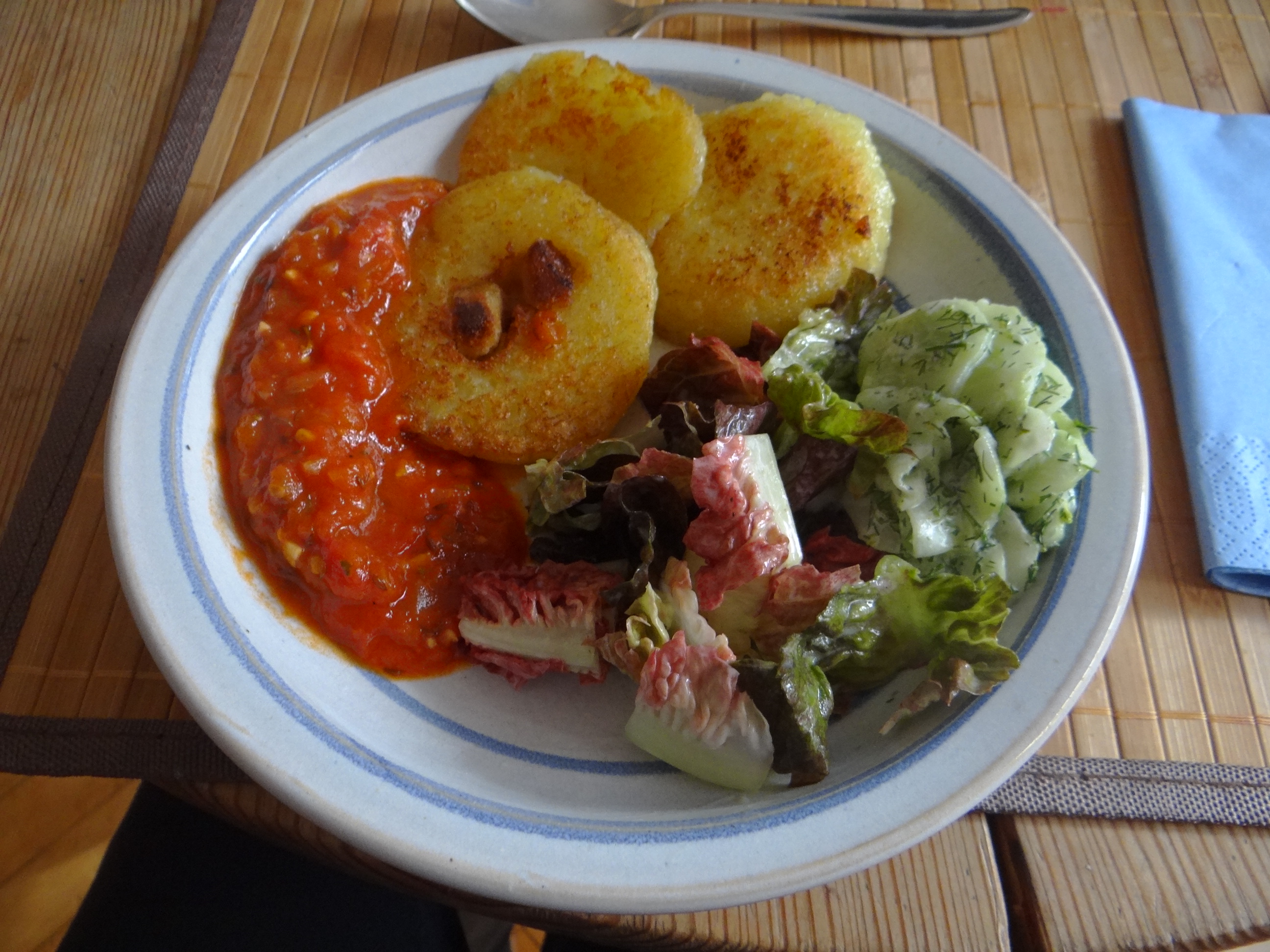 Gebratene Kloßscheiben mit Tomatensauce,Salate (1)