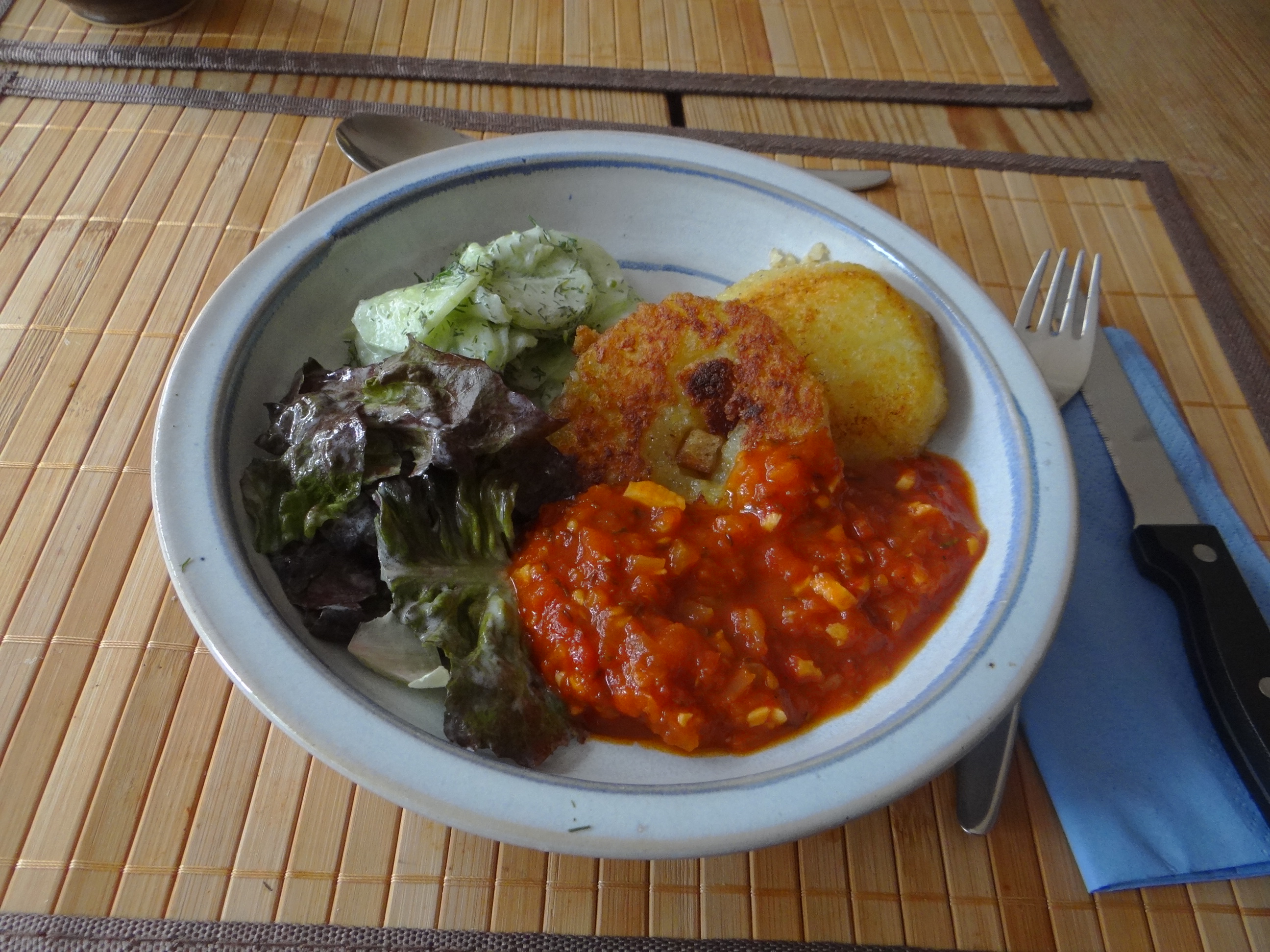 Gebratene Kloßscheiben mit Tomatensauce,Salate (20)