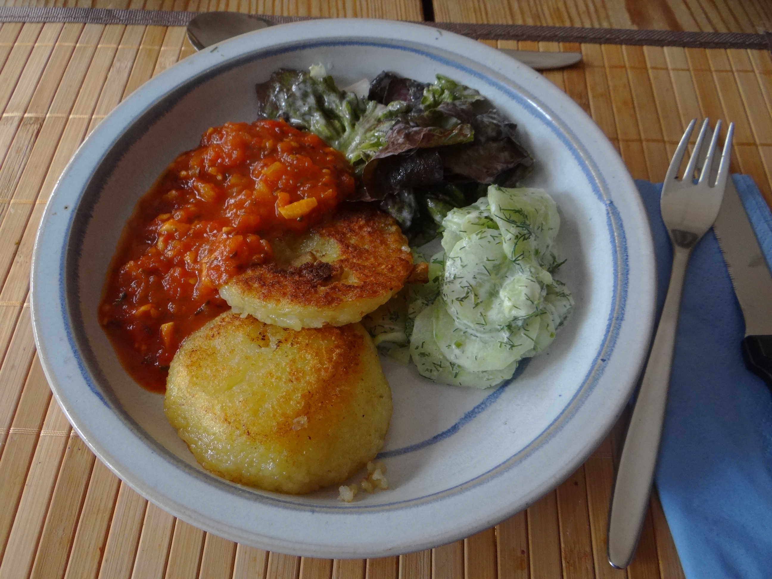 Gebratene Kloßscheiben mit Tomatensauce,Salate (21)