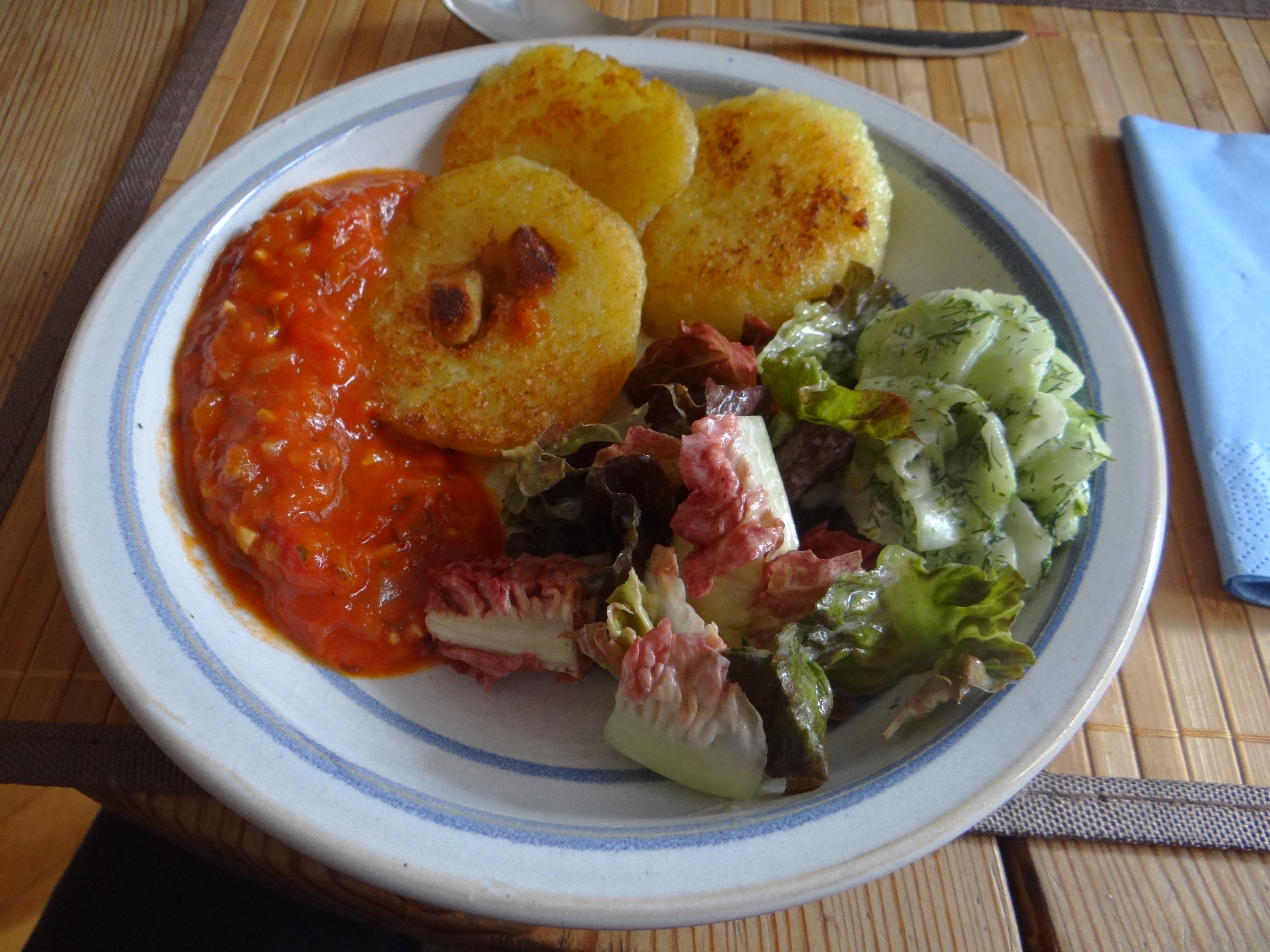 Gebratene Kloßscheiben mit Tomatensauce,Salate (22)