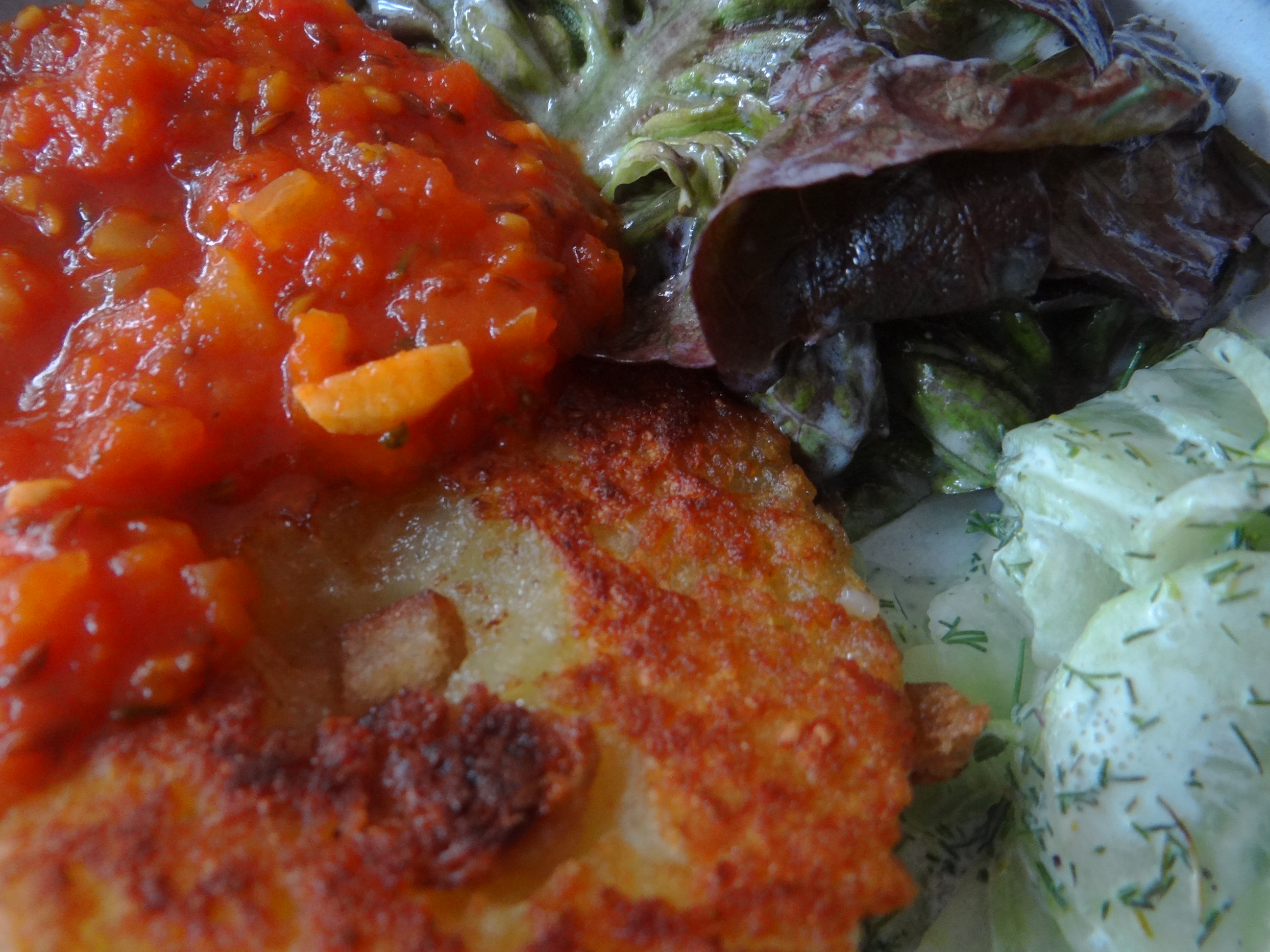 Gebratene Kloßscheiben mit Tomatensauce,Salate (3)